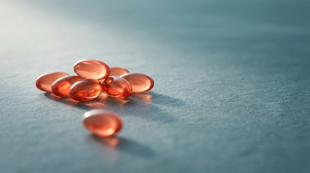 Reddish-orange omega-3 softgel capsules arranged on a cool slate-gray surface with ocean-blue tonal accents