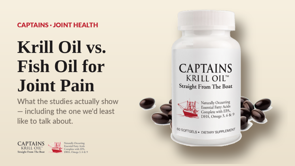 Captains Krill Oil bottle beside the headline Krill Oil vs. Fish Oil for Joint Pain